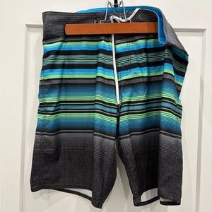 Lost Men's Swim Shorts - Black, Blue, Green Stripes